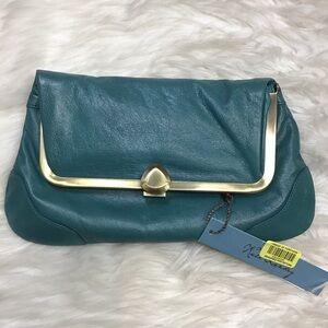 NWT Kate Landry Leather Evening Bag Fold Over Clasp Teal Gold Clutch Purse